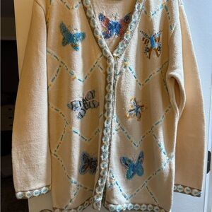 Storybook Knits Cream Cardigan with Butterfly Embroidery